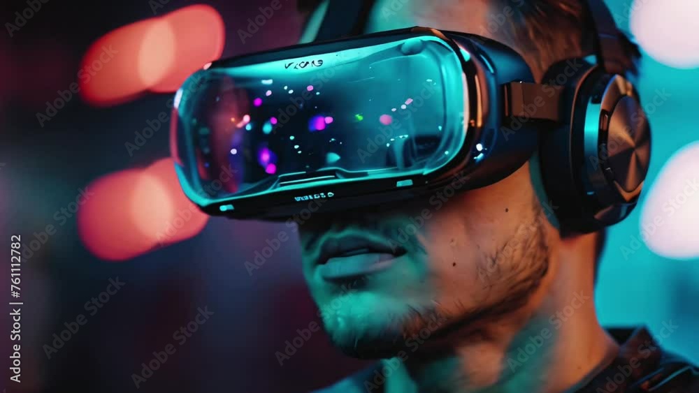 A man Explores the Virtual World using VR glass, Seamless 4K looping.