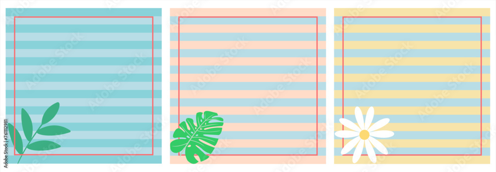 Set of Three Square Banners with Two-Tone Abstract Line Patterns, Floral Prints, and Foliage. Templates for Brochures, Flyers, Booklets, Social Media Posts, Invitations, or Web Advertising