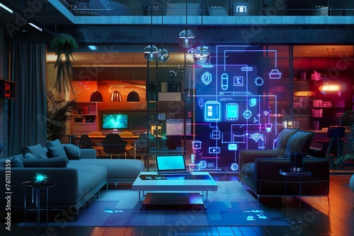 A futuristic smart home setup with interconnected devices controlling lighting, security, and temperature.