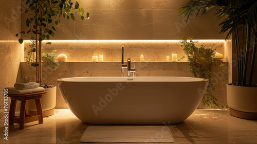 Luxurious minimalist spa bathroom with bathtub  natural stone finishing and ambient lighting