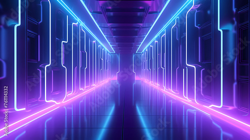 Futuristic empty neon corridor model