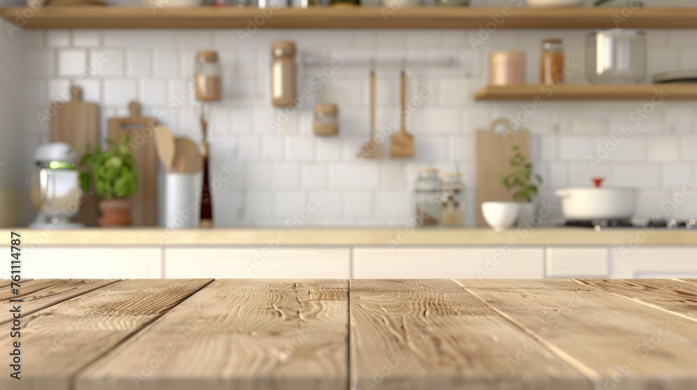 Obraz premium Kitchen backdrop, product shot, wooden table top in foreground with blurred kitchen items in background
