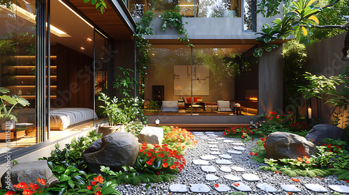 A sleek, contemporary home courtyard showcases a meticulously designed Japanese garden, blending minimalist aesthetics with natural elements. Generative AI illustration  #761115318