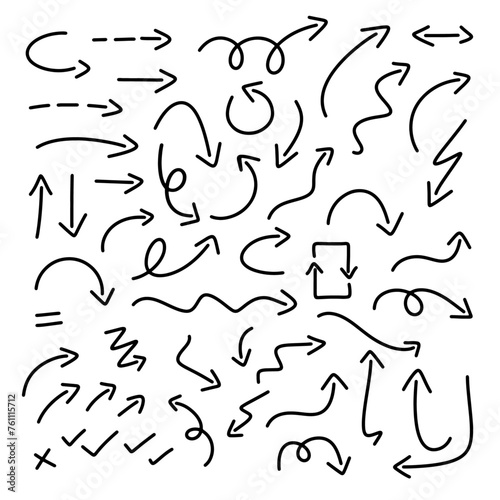 Hand drawn arrows vector doodle style. Curved hand drawn arrow. 