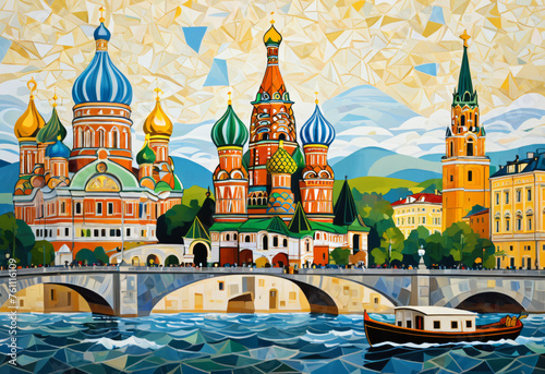 Geometric Illustration of Moscow's Cathedral and River