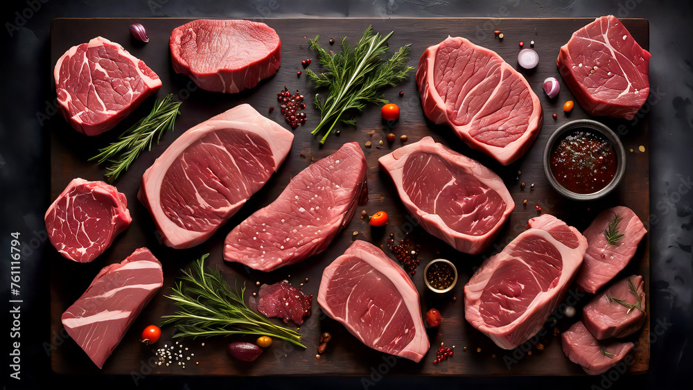 Sumptuous Symphony: A Captivating Culinary Canvas of Prime Beef Steaks and Luscious Raw Cuts on a Rustic, Dark Table Sumptuous Symphony: A Captivating Culinary Canvas of Prime Beef Steaks and Luscious Raw Cuts on a Rustic, Dark Table