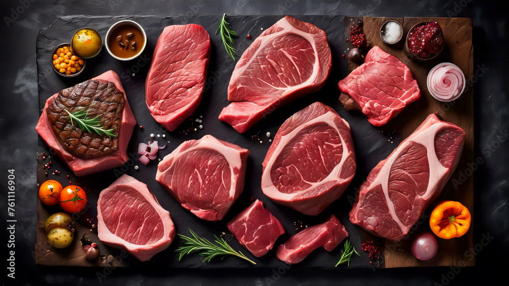 Sumptuous Symphony: A Captivating Culinary Canvas of Prime Beef Steaks and Luscious Raw Cuts on a Rustic, Dark Table Sumptuous Symphony: A Captivating Culinary Canvas of Prime Beef Steaks and Luscious Raw Cuts on a Rustic, Dark Table