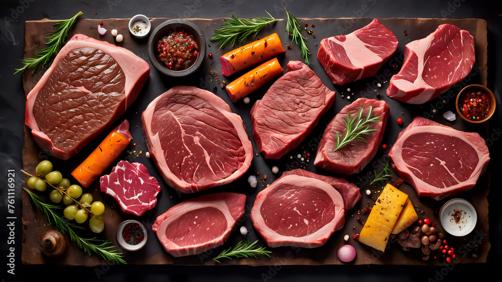 Sumptuous Symphony: A Captivating Culinary Canvas of Prime Beef Steaks and Luscious Raw Cuts on a Rustic, Dark Table Sumptuous Symphony: A Captivating Culinary Canvas of Prime Beef Steaks and Luscious Raw Cuts on a Rustic, Dark Table