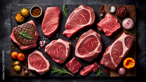 Sumptuous Symphony: A Captivating Culinary Canvas of Prime Beef Steaks and Luscious Raw Cuts on a Rustic, Dark Table