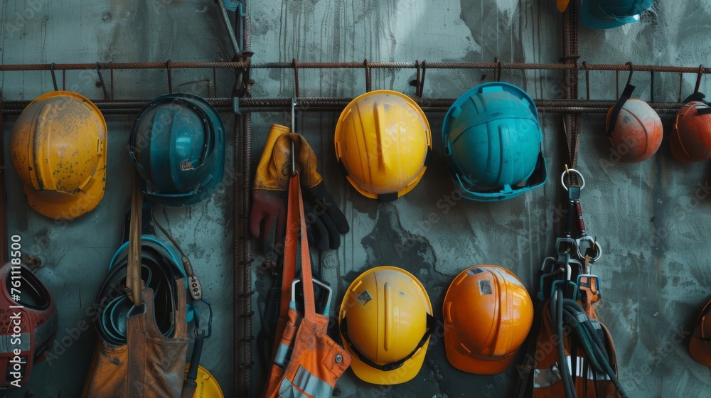 An assortment of safety equipment,  including hard hats,  gloves,  and safety goggles,  hanging on a wall in a construction site