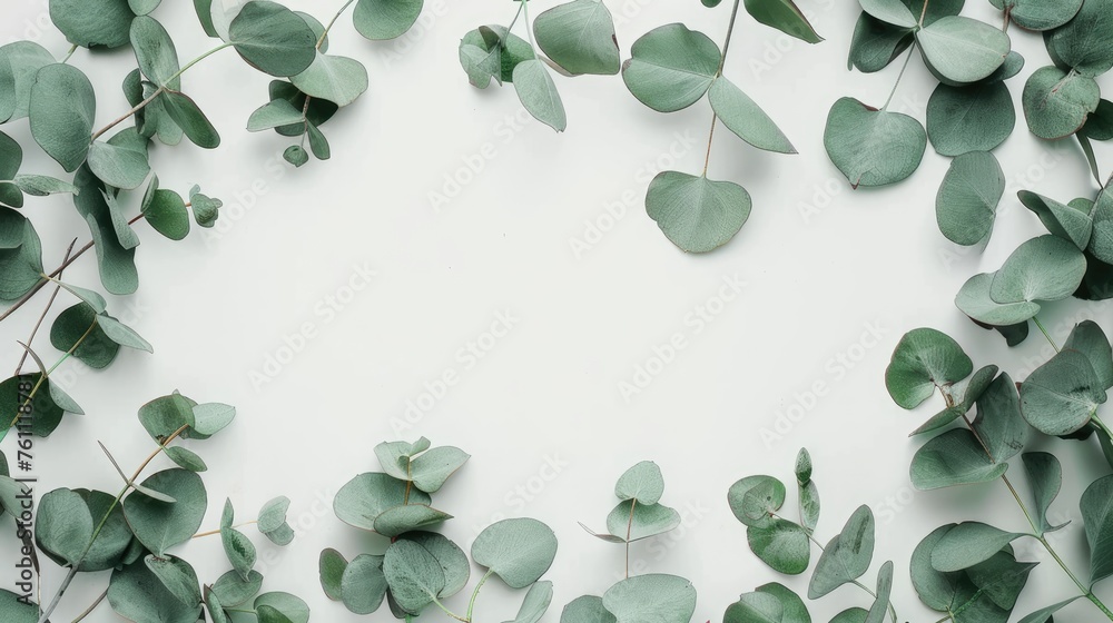 A creative frame of eucalyptus leaves on a pure white background, perfect for elegant design spaces or natural themes. A creative frame of eucalyptus leaves on a pure white background, perfect for elegant design spaces or natural themes.