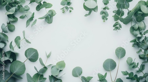 Perfect for elegant design spaces or natural themes, a creative frame of eucalyptus leaves adorns a pure white background.
