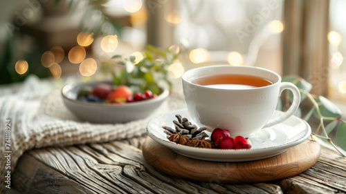 A steaming cup of berry tea with cinnamon sticks for a warm and flavorful drink photo