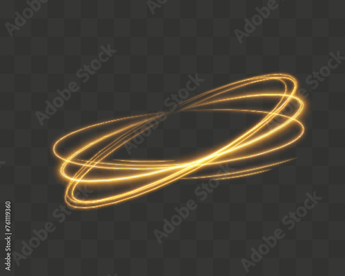 Magical light effect. Rotating luminous ellipses. Dynamic golden rings on black background.