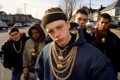Caucasian white rapper wearing gold chains on a street