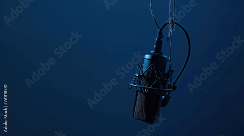 PHOTOGRAPHY of a black studio mic hanging in a cord with a dark blue back dro