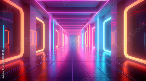 Glowing corridor background, modern corridor illuminated by neon lights