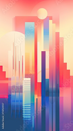 Abstract Geometric Shapes with Retro Style Grunge Texture  Featuring Exaggerated Skyline Figures. A Nostalgic Blend of Modern City Skyscrapers