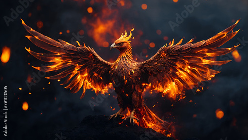 Illustration of fiery phoenix soaring with volcano bokeh behind.