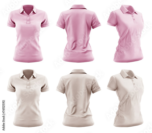 2 Set of woman pastel light pink beige, front, back and side view collar slim fit polo tee shirt on transparent background cutout, PNG file. Mockup template for artwork graphic design photo