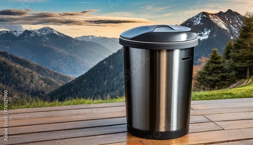 a sleek and modern Eko dust bin with a stainless steel exterior and fingerprint-resistant coating. The composition should feature a foot pedal for hands-free operation photo