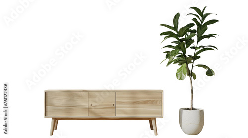 Modern wooden cabinet for decorative items on transparent background.