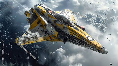 Fototapeta Naklejka Na Ścianę i Meble -  futuristic air space fighter jet, military fiction aircraft taking combat, fantastic army jet. Generative AI illustration 