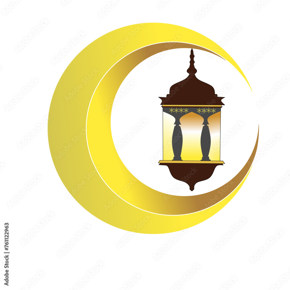 lantern inside a crescent moon circle on a white background, suitable for symbols, greeting cards, decoration etc.