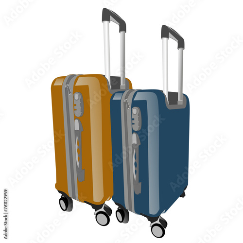 dark blue and dark orange suitcases lined up neatly on a white background