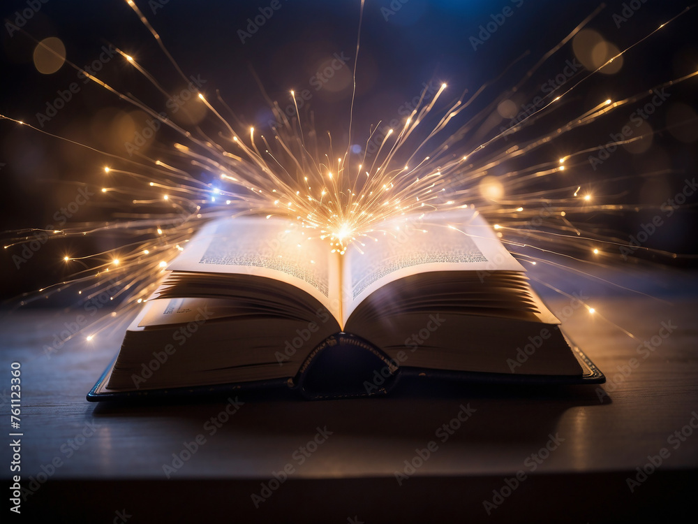 An open book surrounded by magical lights, captivating and mesmerizing. - obrazy, fototapety, plakaty 