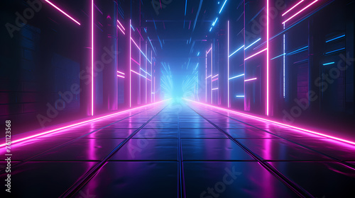Glowing corridor background, modern corridor illuminated by neon lights