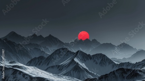 A Red Sun Setting Over Snowy Mountain Peaks Beautiful Natural background
