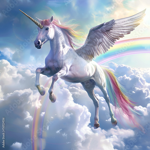 Artistic Style Painting Drawing of Unicorn with Wings Flying Over a Rainbow Perfect for Print on Demand © Kevin