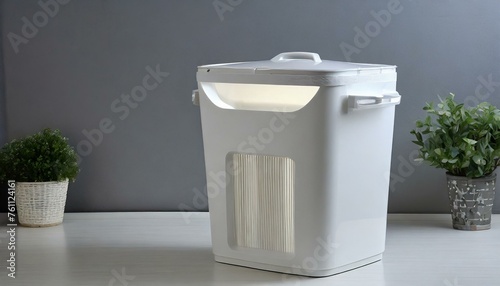 a space-saving Eko dust bin with a slim profile and stackable design, perfect for small apartments or tight spaces. The composition should include a lid with a built-in odor control system and a handl photo