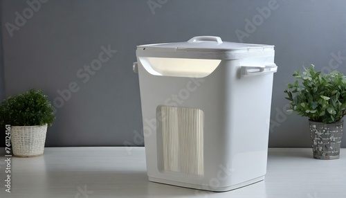 a space-saving Eko dust bin with a slim profile and stackable design, perfect for small apartments or tight spaces. The composition should include a lid with a built-in odor control system and a handl