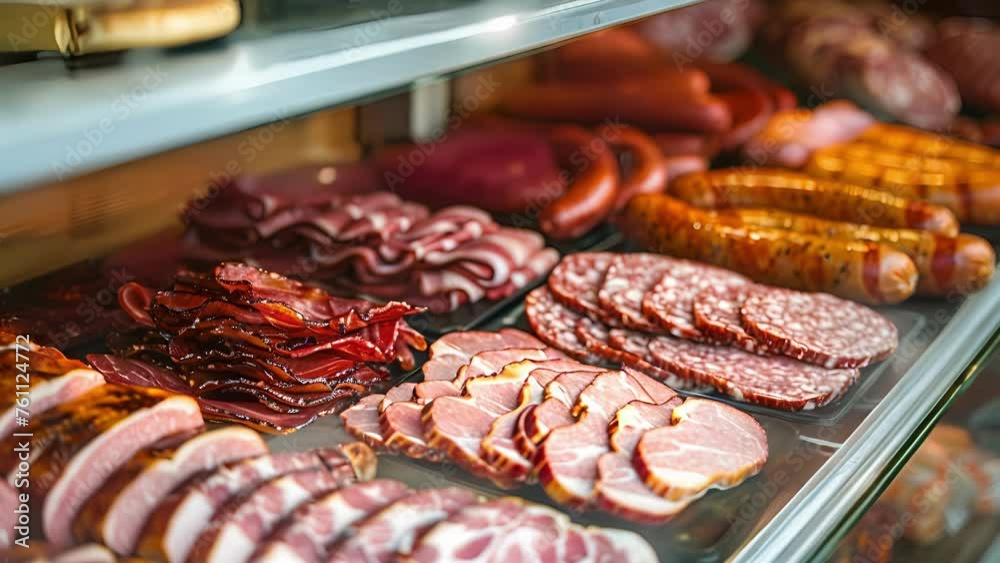 Vidéo Stock Rows of neatly stacked and sliced meat s including sausages ...