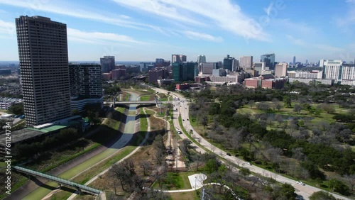 Aerial View of Hermann Park and Medical Center Area Buildings in Houston, Texas USA, Drone Shot photo