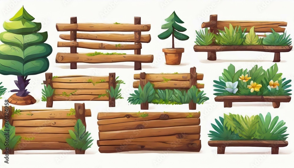 Several forest boards, flat icons set. Cartoon set of wooden boards and signposts with trees in the forest, isolated on white background. Several forest boards, flat icons set. Cartoon set of wooden boards and signposts with trees in the forest, isolated on white background.