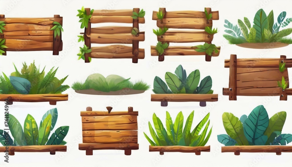 Several forest boards, flat icons set. Cartoon set of wooden boards and signposts with trees in the forest, isolated on white background. Several forest boards, flat icons set. Cartoon set of wooden boards and signposts with trees in the forest, isolated on white background.