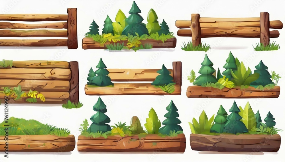 Several forest boards, flat icons set. Cartoon set of wooden boards and signposts with trees in the forest, isolated on white background. Several forest boards, flat icons set. Cartoon set of wooden boards and signposts with trees in the forest, isolated on white background.