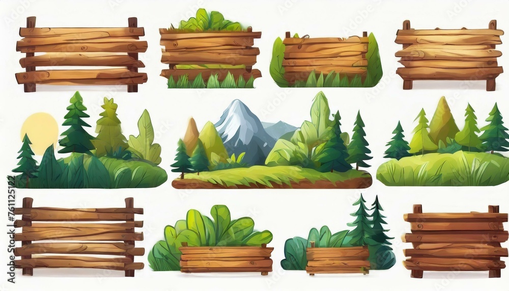 Several forest boards, flat icons set. Cartoon set of wooden boards and signposts with trees in the forest, isolated on white background. Several forest boards, flat icons set. Cartoon set of wooden boards and signposts with trees in the forest, isolated on white background.