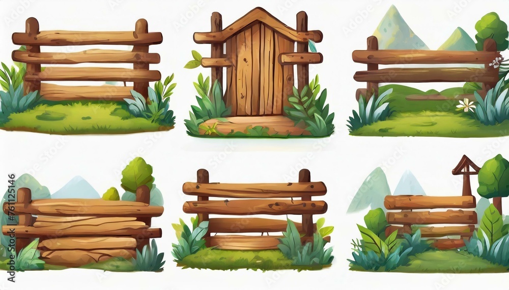 Fototapeta premium Several forest boards, flat icons set. Cartoon set of wooden boards and signposts with trees in the forest, isolated on white background.