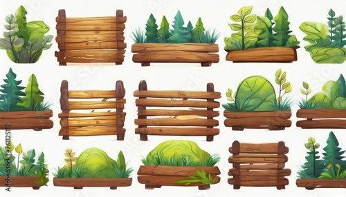 Several forest boards, flat icons set. Cartoon set of wooden boards and signposts with trees in the forest, isolated on white background. © Jame