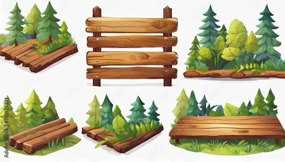 Several forest boards, flat icons set. Cartoon set of wooden boards and signposts with trees in the forest, isolated on white background. Several forest boards, flat icons set. Cartoon set of wooden boards and signposts with trees in the forest, isolated on white background.