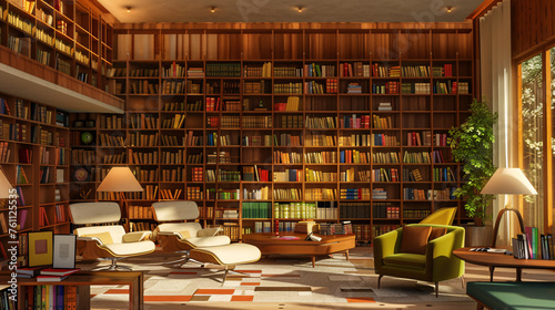 a mid-century modern library, a retro armchair, and warm lighting.