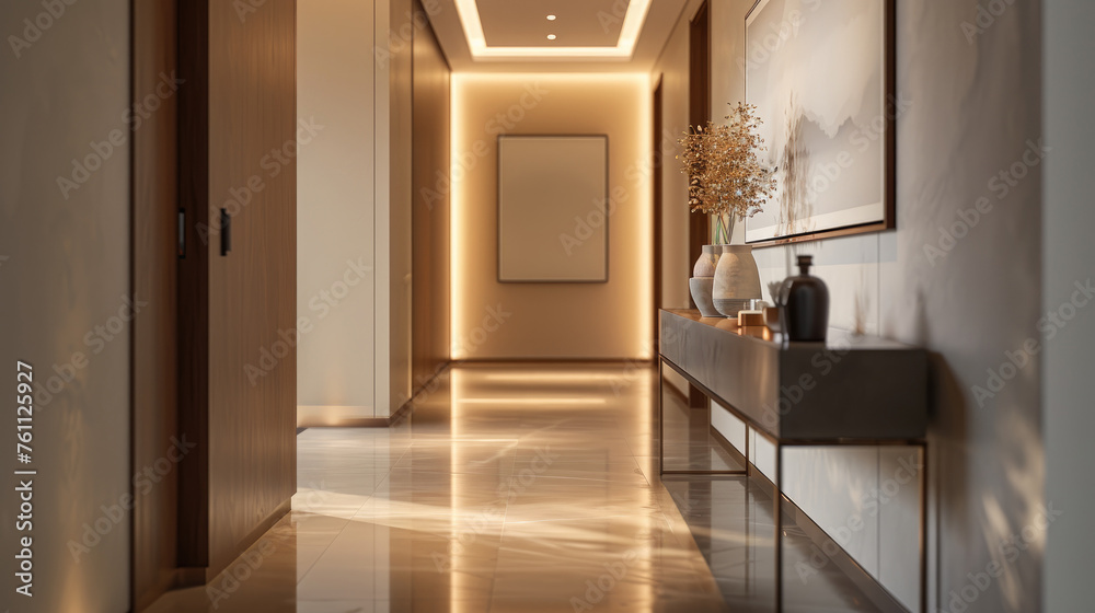 Modern minimalist hallway with recessed lighting and artful decor pieces