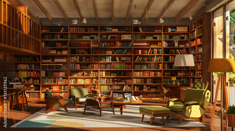 a mid-century modern library, a retro armchair, and warm lighting. a mid-century modern library, a retro armchair, and warm lighting.