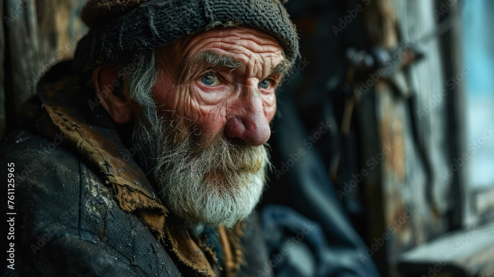 Portrait shot of poor old worker or Homeless senior man begging in walking street.