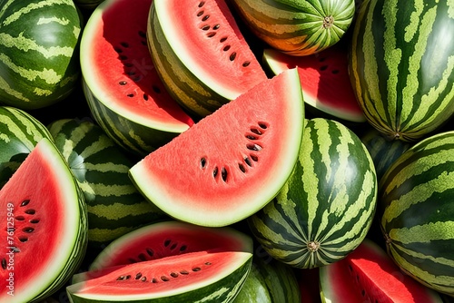 Watermelon fruit heap whole and red slices ripe water-melon fruits food citrullus lanatus plantfruit pasteque green summer-fruit sandia melancia closeup image stock photo  photo