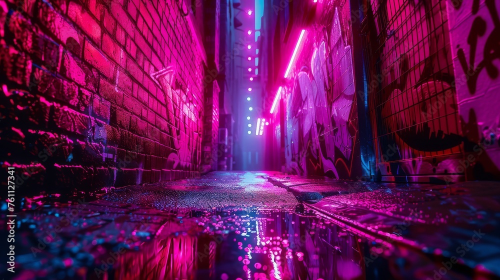 Neon-Lit Alley After Rain, Conjuring a Vibrant, Urban Cyberpunk Atmosphere


